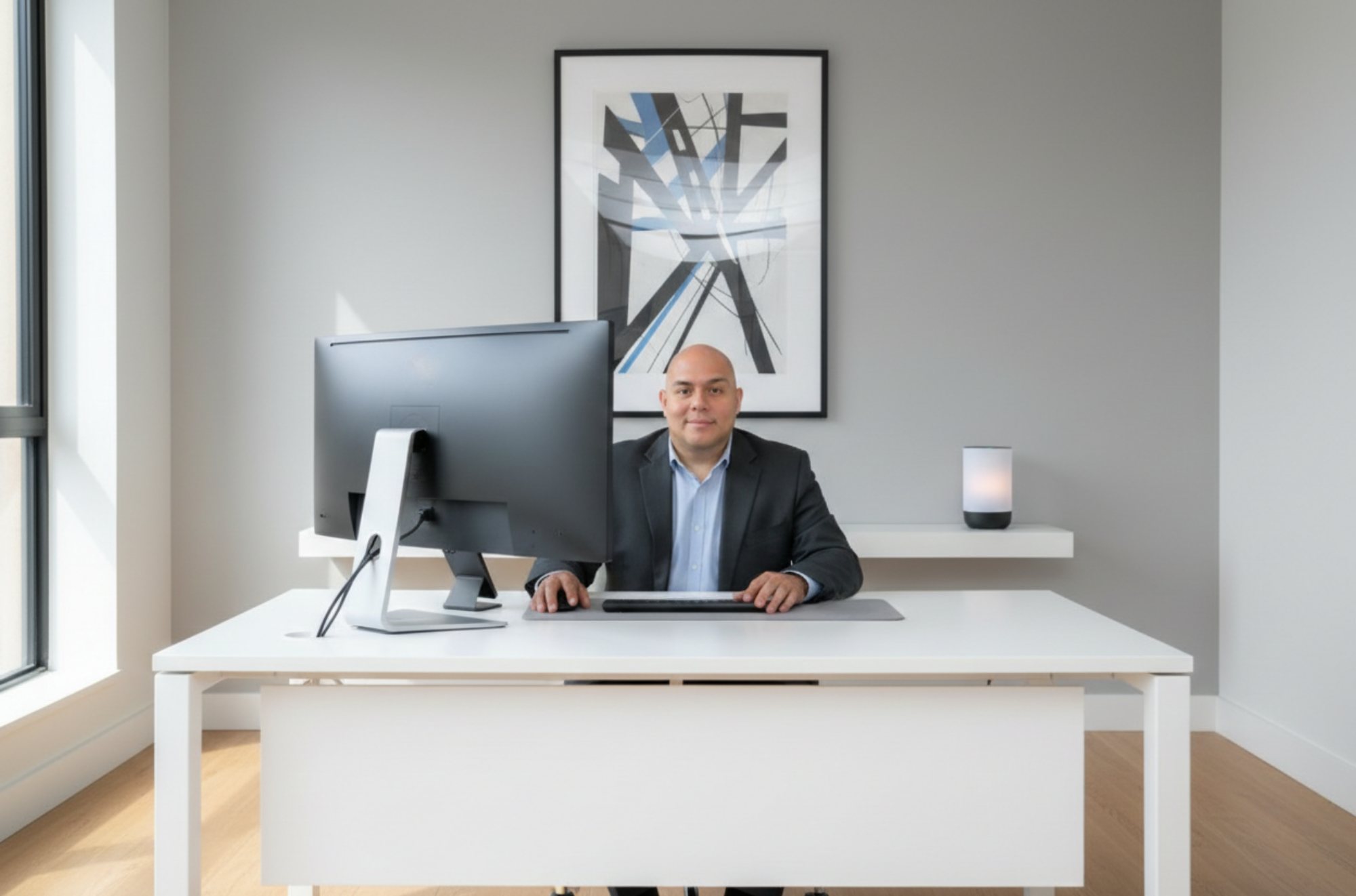 Professional tech consultant working in a modern office with glass walls